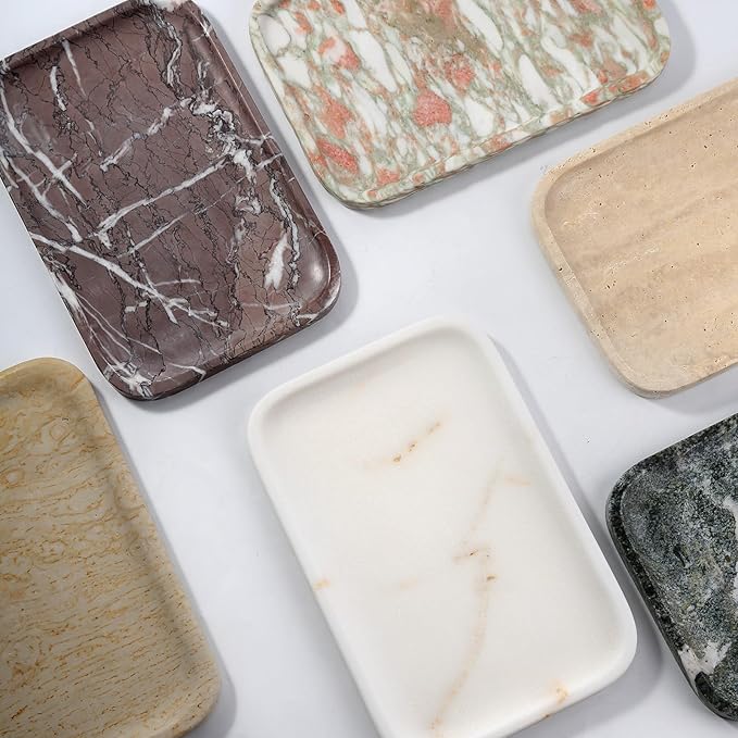 Koville Marble Tray, 12"x8" Marble Vanity Tray for Bathroom Kitchen Countertop, Rectangular Stone Tray for Cosmetics Perfume Trinket, Decorative Catchall Trays (Beige)