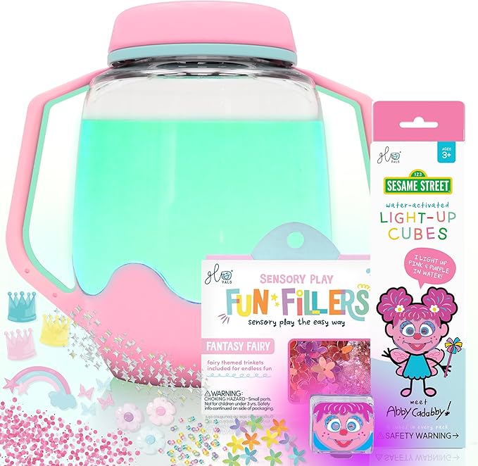 Glo Pals Play Pack Bundle with Sensory Play Jar, Water-Activated Light-Up Cubes, and Fun Fillers - Sensory Toys for Toddlers - Sensory Toy Kit with Light Up Cubes for Bathtub - Abby Cadabby