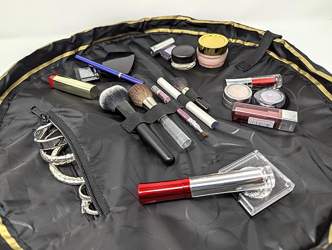 Lay-n-Go Cosmo Drawstring Cosmetic & Makeup Bag Organizer - Portable Drawstring Makeup Bag w/Zipper Pocket, Makeup Loops & More - Durable, Machine Washable Toiletry Bag (20", Black & Gold)