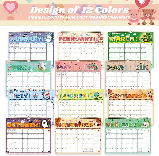 2026 Calendar, Wall Calendar 2026-2027, 18 Month Calendar January 2026 - June 2027, 14.8" X 11.5", Calendar with Twin-Wire Binding, Hanging Hook and Julian Dates (Seasonal Designs)