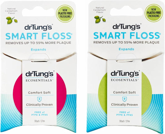 DrTung's Smart Floss - Natural, PTFE & PFAS Free Floss, Gentle on Gums, Expands & Stretches, BPA Free Floss - Natural Dental Floss Cardamom Flavor (Pack of 2)
