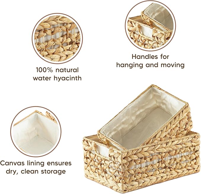 Greenatural Water Hyacinth Storage Baskets Set of 2, Handwoven Rectangular Organizer Trays with Liners, Rattan Wicker Bins with Handles, Storage Organizers for Shelf, Bathroom, Kitchen, Office