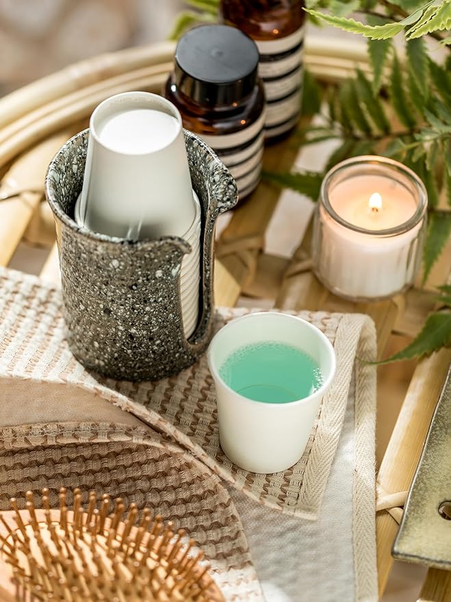 Ceramic Bathroom Cup Holder, Bathroom Cup Dispenser for Dixie Cups 3 Oz Bathroom Cups, Mouthwash Cup Dispenser Small Paper Cups Holder for Bathroom Vanity Countertop, Stoneware Design, Gray