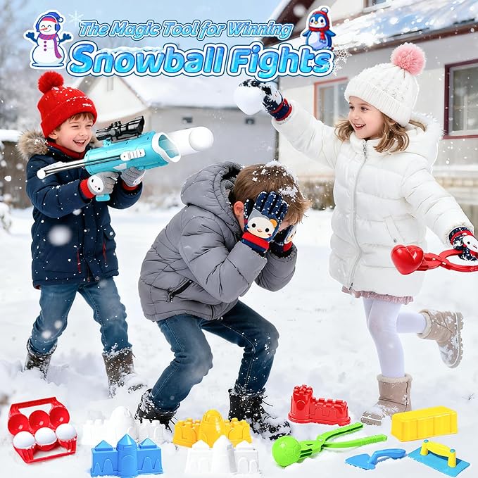 DISHIO Snowball Maker Kit, Snow Ball Maker Toys for Kids Winter Toy with Snowball Blaster Launcher, 3 Duck Shaped Clips, Molds, Snow Shovel, Carry Bag, Outdoor Snow Fight Toys for Kids and Adults