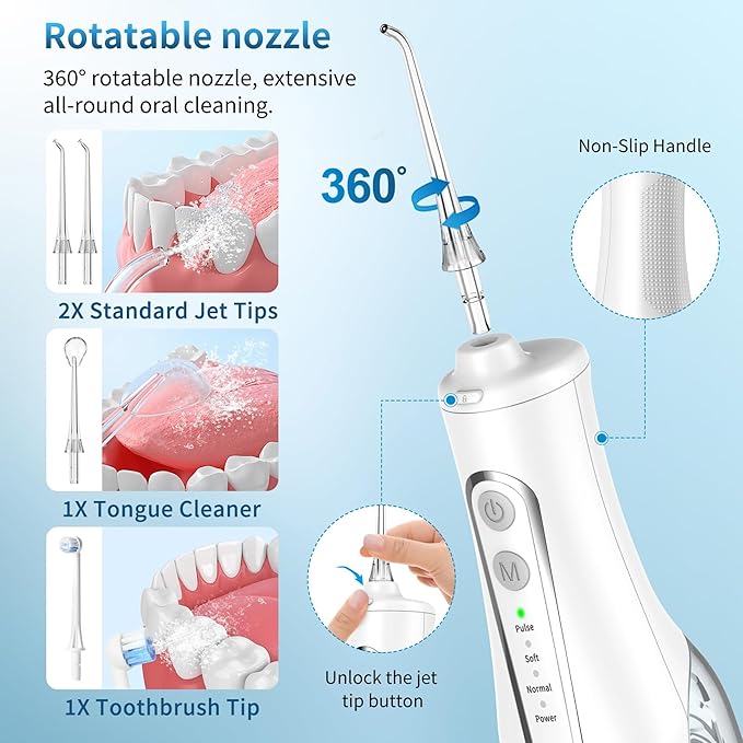 Cordless Oral Irrigator - 4 Modes Water Flosser for Teeth Cleaning, 300ML Reservoir, 360° Nozzle, IPX7 Waterproof, 2000mAh Rechargeable Battery, 4 Jet Tips, Smart Memory Function (M149 - White)