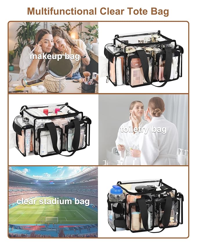 Relavel Clear Makeup Bag Professional Makeup Artist Kit Set Travel Cosmetic Organizer Case Transparent Stadium Approved Tote Bag Toiletry Lunch Duffle Work Shoulder Bag with Adjustable Dividers, Black