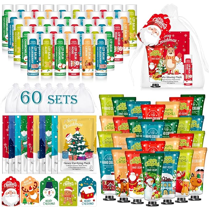 60 Pack Christmas Hand Cream, Facial Mask and Lip Balm Set, Stocking Stuffers for Women, Bulk Christmas Gifts for Coworkers, Party Supplies, Spa Party Favors and Decorations