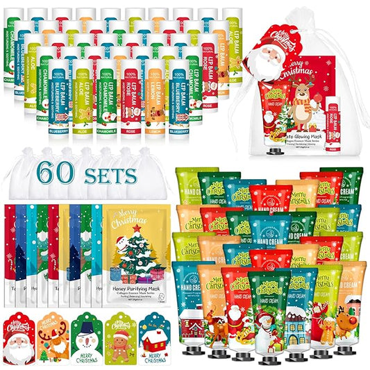 60 Pack Christmas Hand Cream, Facial Mask and Lip Balm Set, Stocking Stuffers for Women, Bulk Christmas Gifts for Coworkers, Party Supplies, Spa Party Favors and Decorations