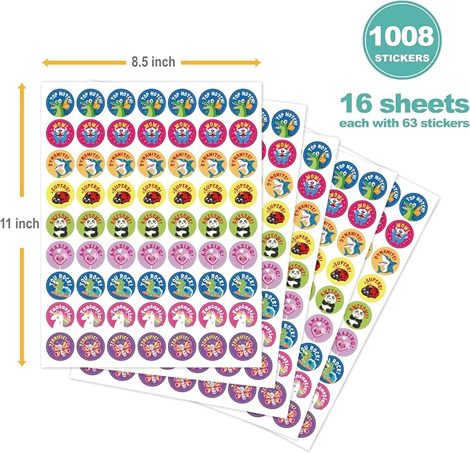 Gooji Small Reward Stickers for Kids, 1008 Pc. Sticker Pack for Teachers, Classroom, Motivational Class Supplies for Students, Boy Girl Toddler Good Job Incentive Behavior School Chart, 1” Round