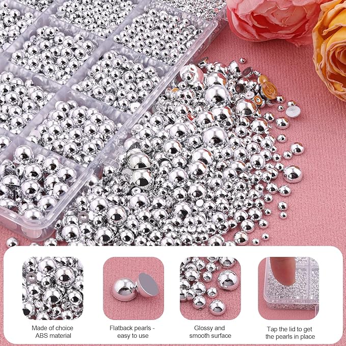13500Pcs Flatback Pearls for Bedazzling (Silver) with B7000 Jewelry Glue, Assorted Size 2/3/4/5/6/8/10mm Half Pearl, Bedazzling Gems for Crafting Clothing Tumbler Shoes Embellishment Nail Art