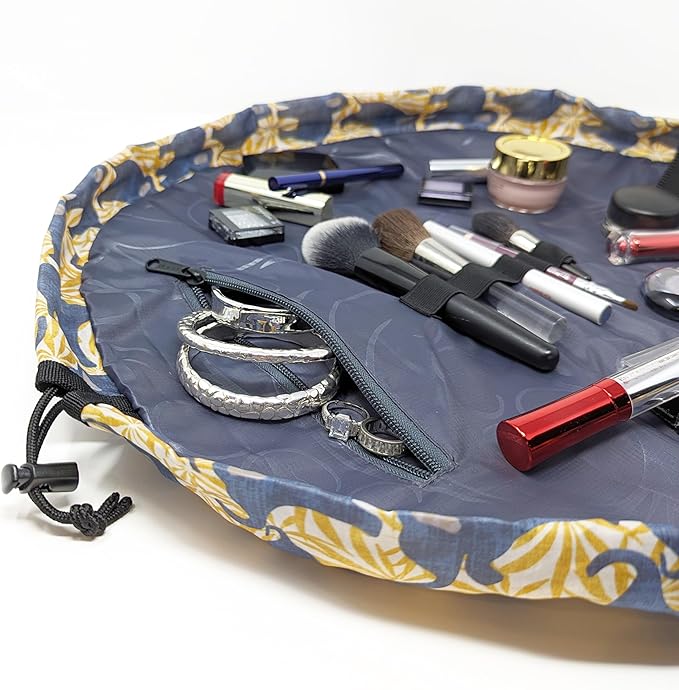 Lay-n-Go Cosmo Layflat Drawstring Cosmetic & Makeup Bag Organizer - Portable Drawstring Bag w/Zipper Pocket, Makeup Loops & More - Durable, Machine Washable Costmeic Bag for Travel (20", Elephants)