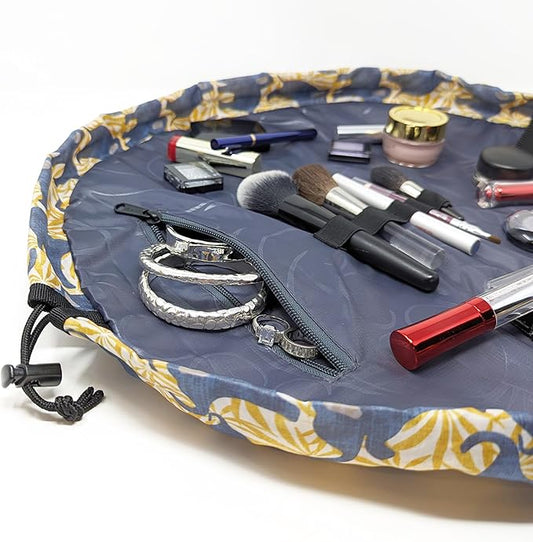 Lay-n-Go Cosmo Layflat Drawstring Cosmetic & Makeup Bag Organizer - Portable Drawstring Bag w/Zipper Pocket, Makeup Loops & More - Durable, Machine Washable Costmeic Bag for Travel (20", Elephants)