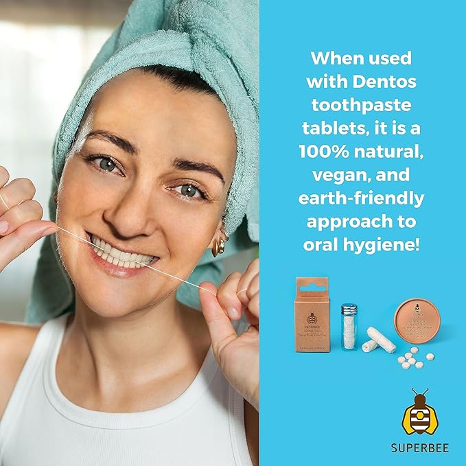 SuperBee Dentos Floss, 3 spools Dental Thread, Vegan and Natural Corn Fiber Floss, for Sensitive Gums Kids and Adults, Peppermint Flavored Fluff, Dental Yarn, Oral Care Routine