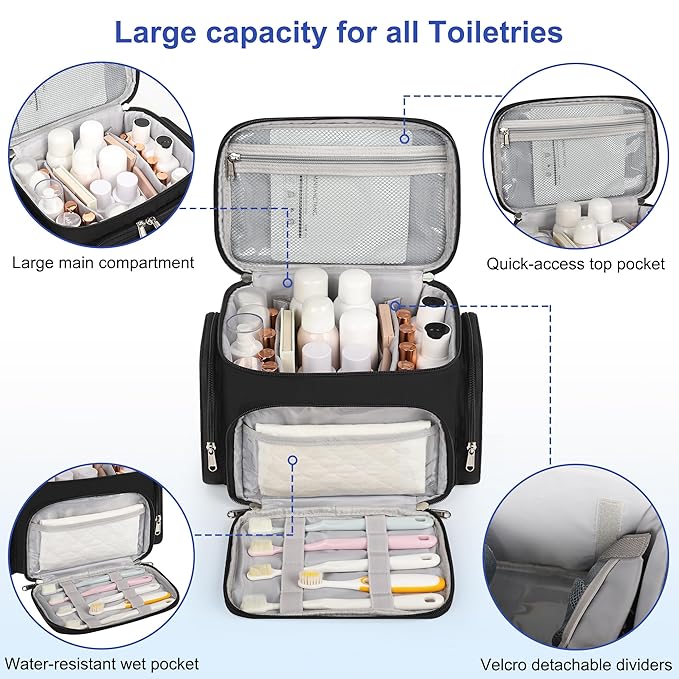 Large Makeup Bag, Travel Toiletry Bag for Women, Lightweight Cosmetic Makeup Bag Organizer with Handle and Clear Side Pockets for Traveling, Accessories, Essentials, Toiletries, Black