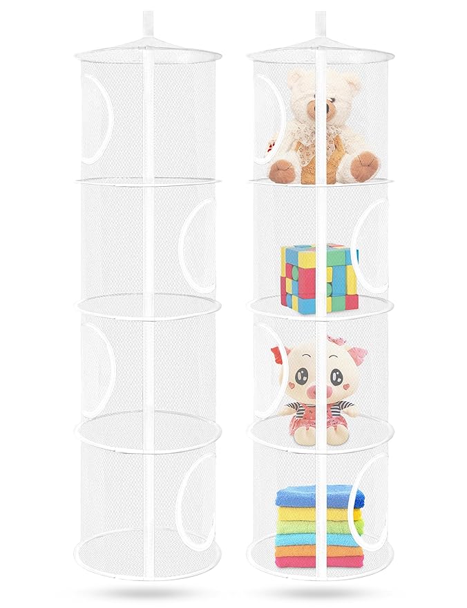 Libeder Mesh Hanging Storage Space Saver Bags Organizer,Foldable Storage Organizer 4 Compartments Toy Storage Basket for Kids Room Bathroom 2 Sets, White