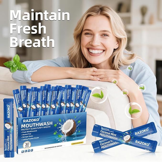 RAZOKO Mouthwash Travel Size-Portable Fresh Mint Packets,Alcohol & Fluoride Free Mouthwash,Disposable Oral Care Strips (0.41 Fl Oz (Pack of 30), Coconut)