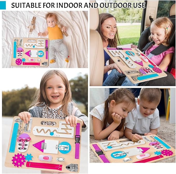 Montessori Busy Board for Toddlers, Wooden Sensory Toys, Kids 1-3 Travel Toy, Preschool Learning Activities for Fine Motor Skills, Basic Life Skills Educational Gifts for 1 2 3 Years Old Girls (Pink)