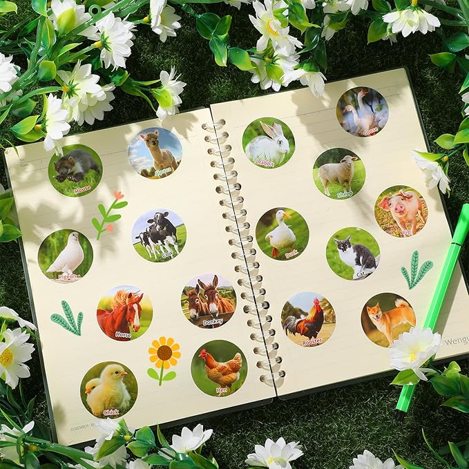 1200 Pcs Farm Animal Stickers for Kids 2 Roll Nature Stickers Cute Roll Sticker for Teacher Reward School Supplies Incentives (16 Styles)