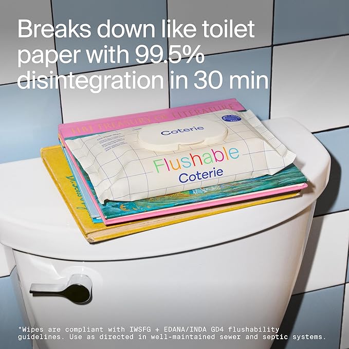 Coterie Flushable Wipes for Toddlers, Designed for Potty Training, Safe for Sensitive Skin, Hypoallergenic, 99% Water, Plant-Based, Fragrance Free, Sewer & Septic Safe, 8 Pack (448 Wipes)