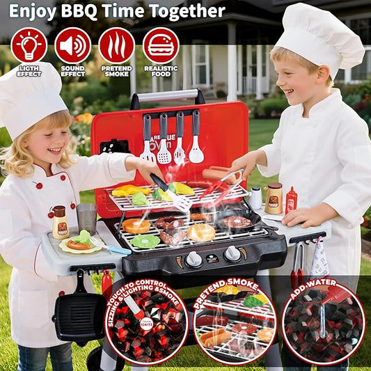 Kids Play Kitchen Toys, Kids BBQ Grill Playset with Smoke Sound Light, 2-Layer Barbecue Toy with Wheel, Outdoor Play Grill Toys for Toddlers 3-5, Play Food Toys Cooking Set, Birthday Gift for Boy Girl