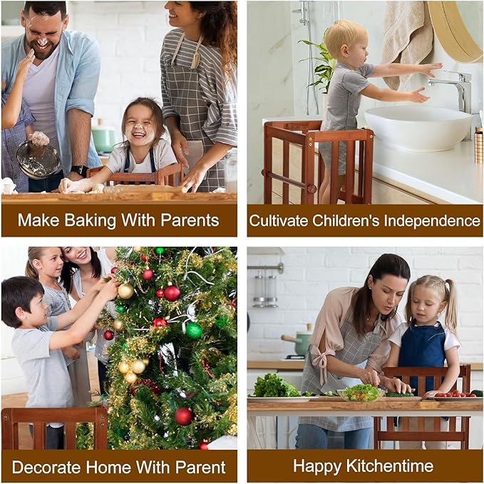 COSYLAND Kids Kitchen Step Stool, Toddler Standing Tower with CPC Certification, Removable Anti-Drop Railing Safety Rail Enjoys Unique Patented Design A Anti-tip Stable Structure 1.5-3 Years Brown