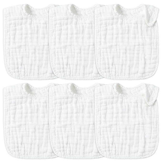 Zainpe 6Pcs Snap Muslin Cotton Baby Bibs White Adjustable Drool Bib with 6 Absorbent Soft Layers, Machine Washable Unisex Burp Cloths for 3 to 36 Months Boys Girls Infant Newborn Toddler