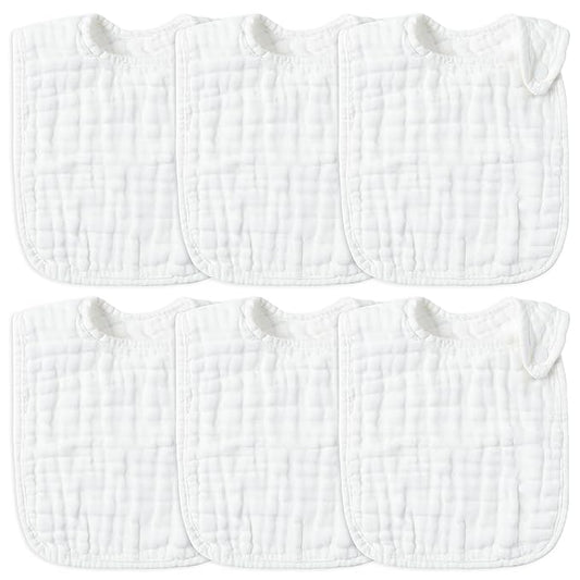Zainpe 6Pcs Snap Muslin Cotton Baby Bibs White Adjustable Drool Bib with 6 Absorbent Soft Layers, Machine Washable Unisex Burp Cloths for 3 to 36 Months Boys Girls Infant Newborn Toddler