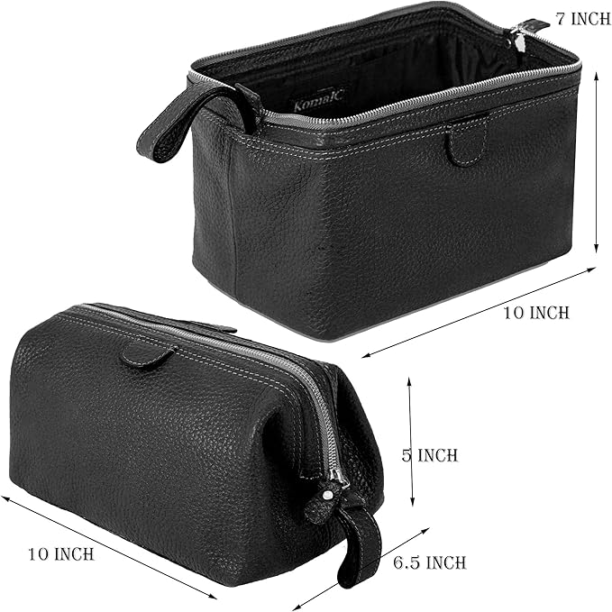 KomalC Premium Buffalo Leather Toiletry Bag for Men & Women – Leather Dopp Kit With Water resistant Lining, Premium Toiletry Travel Pouch, Unisex Wash Bag for Toiletries, Gifts for Men and Women