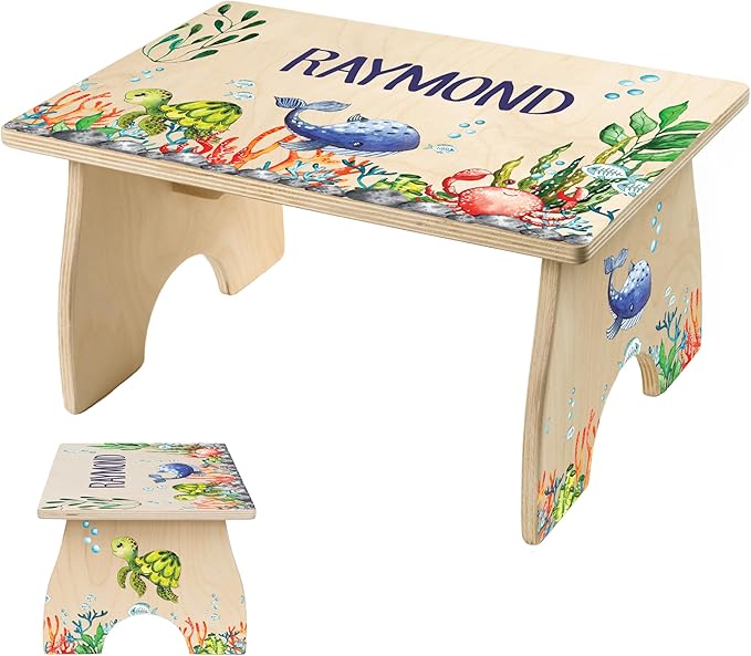 Step Stool for Toddlers- Personalized Wood Kids Step Stool with Name for Kitchen Sink, Bathroom, Potty Training, Toilet, Kitchen Sink- Sturdy and Safe- Made in USA by BloomOwl (Ocean)
