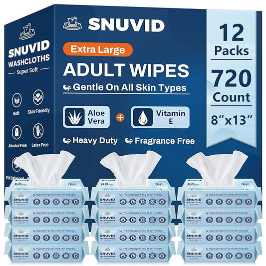 Adult Wipes For Elderly - 8"x13" Extra Large & Soft Wet Wipes for Adults Bathing No-Rinse Incontinence & Cleansing - Disposable Washcloths, Vitamin E & Aloe Infused 720ct (12 Packs of 60)