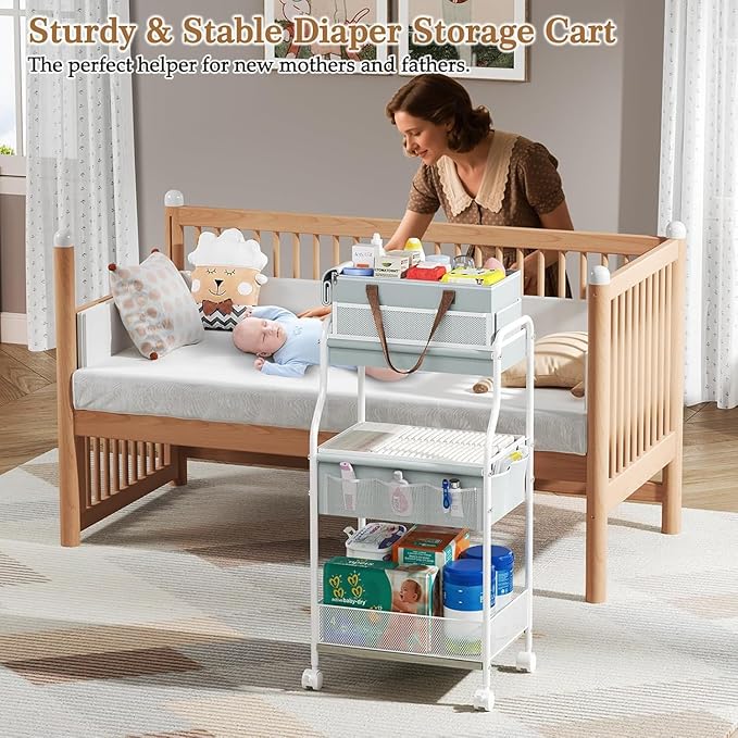 2In1 Baby Diaper Caddy & 3-Tier Rolling Diaper Cart, Diaper Caddy Organizer Cart with Dividers & 12 Pockets, Nursery Bedside Caddy Utility Cart for Baby Clothes & Dresser Baby Bottle,Baby Essential