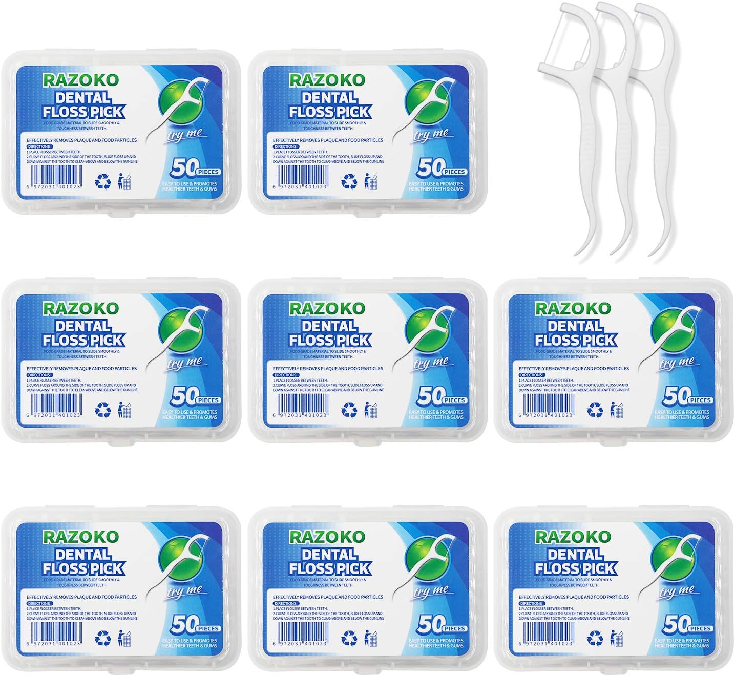 RAZOKO Dental Floss Picks High Toughness Professional Toothpicks Sticks 8-Pack(400pcs) with Portable Case and Dental Picks