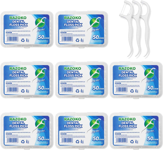 RAZOKO Dental Floss Picks High Toughness Professional Toothpicks Sticks 8-Pack(400pcs) with Portable Case and Dental Picks