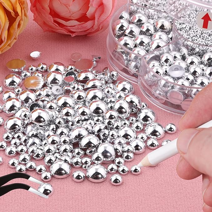 Nail Art Flat Back Half Round Pearl Kits 3, Mixed Sizes 6000 Pcs Silver Small Pearls for Nails with Picking Tools for Graduation Cap Decorations Home DIY Body Face Craft Salon Use