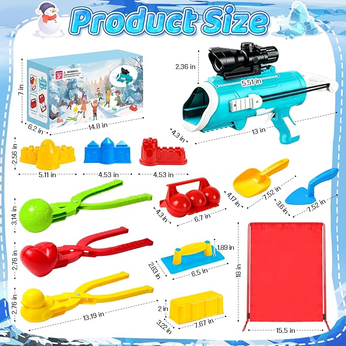 DISHIO Snowball Maker Kit, Snow Ball Maker Toys for Kids Winter Toy with Snowball Blaster Launcher, 3 Duck Shaped Clips, Molds, Snow Shovel, Carry Bag, Outdoor Snow Fight Toys for Kids and Adults