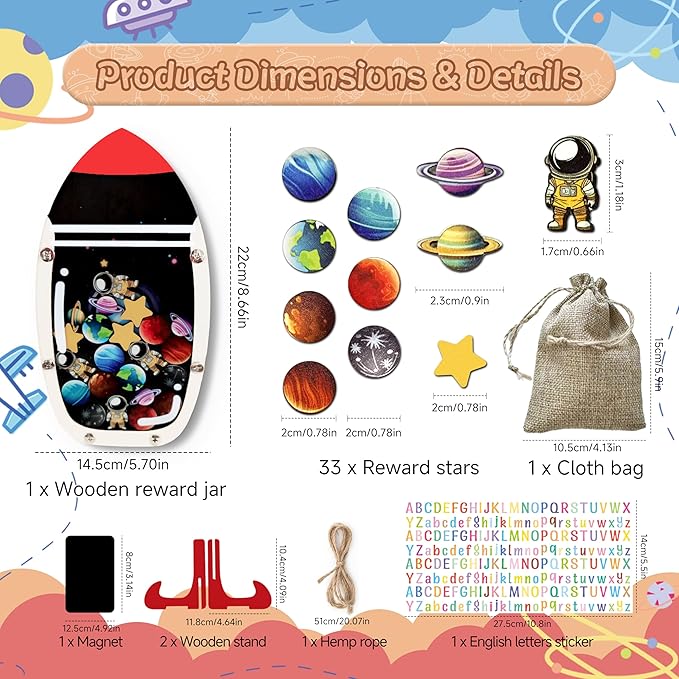 Magnetic Reward Jars for Kids - Space Explorer Rocket Reward Jar with Colorful Letter Stickers | Kids Behavior & Chore Chart for Classroom Incentives, Home, and Potty Training（33 PCS)