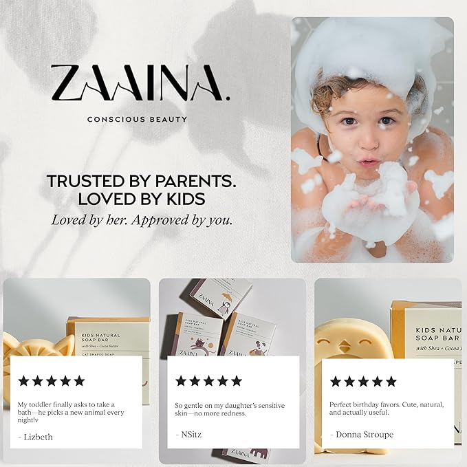 ZAAINA Kids Soap Bar (Set of 6) – Christmas Stocking Stuffers, Unique Natural Animal Shaped Soaps for Children, Gentle Bath Soap for Sensitive Skin, Fun Bath Time Gift for Boys Girls – Handmade in USA