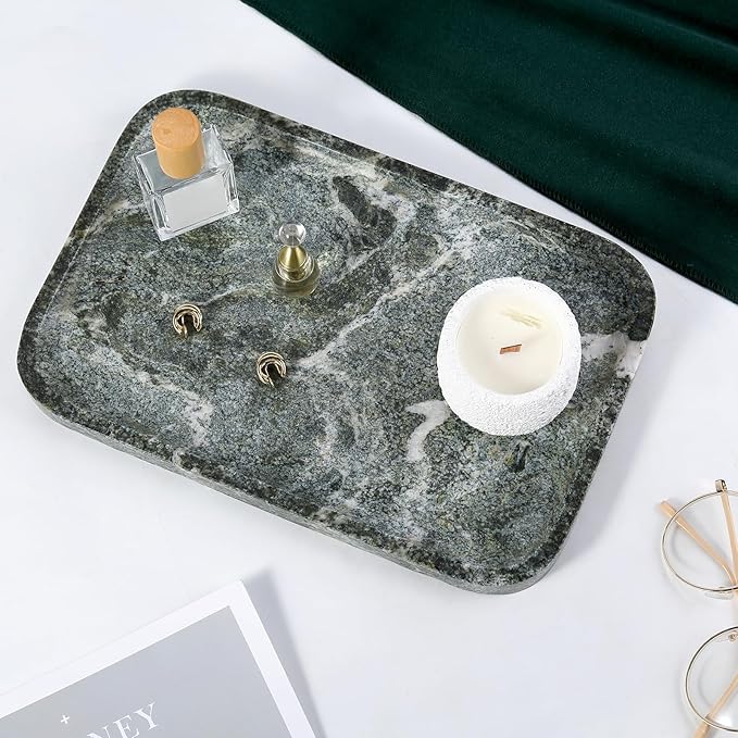 Koville Marble Tray, 12"x8" Natural Marble Vanity Tray for Countertop Bathroom Kitchen Dresser, Decorative Catchall Trays for Perfume Jewelry, Rectangular Stone Serving Tray(Green)