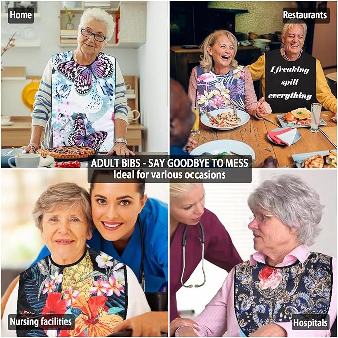 3 Pack Adult Bibs for Women, Adult Bibs for Special Needs Adults, Waterproof Leakproof Clothing Protector, Washable & Dryable Large Bib