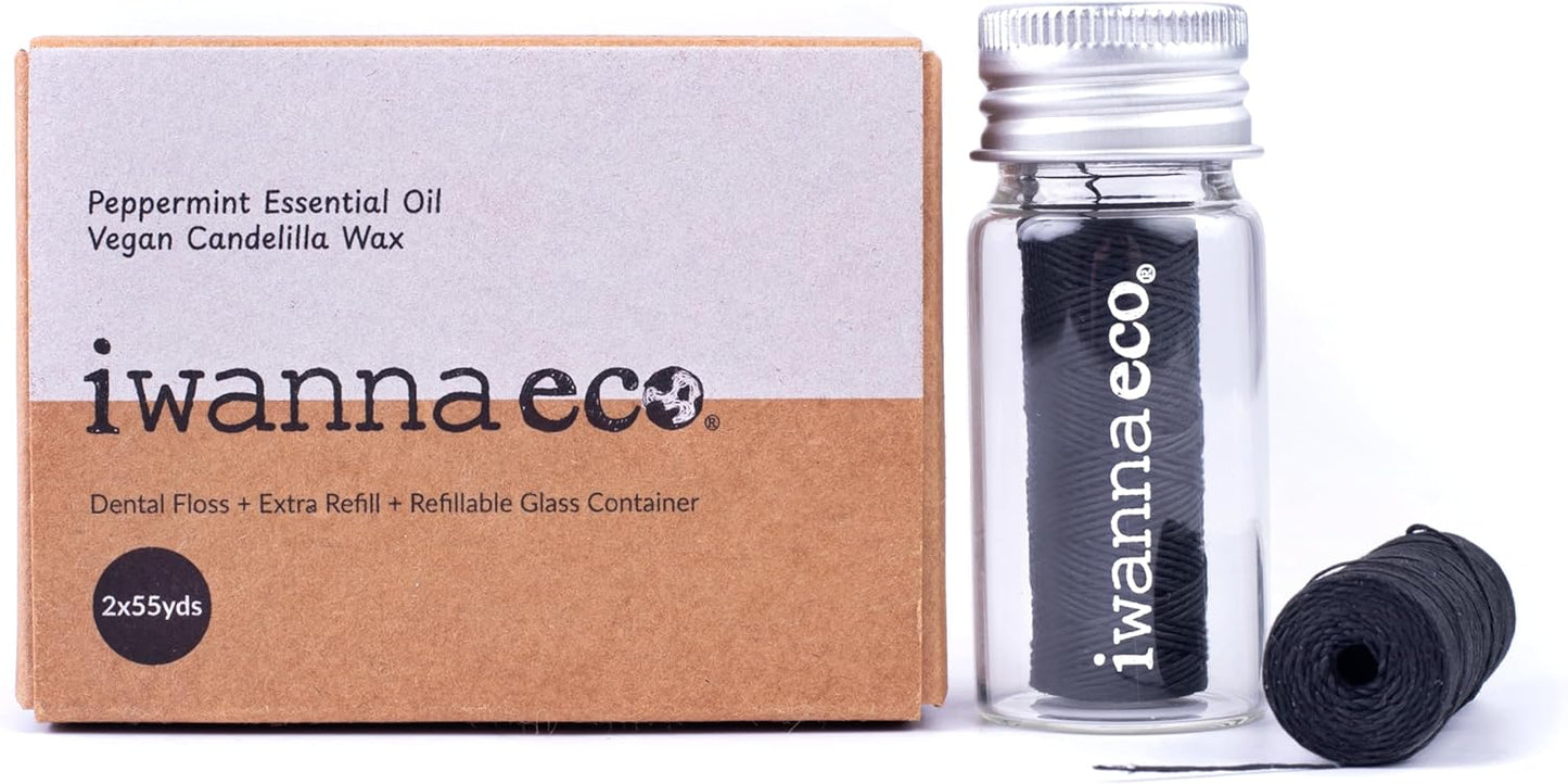 Eco-Friendly Bamboo Charcoal Dental Floss | Refillable Wide Glass Jar with Screw Lid + 50m Free Refill | 100m Total | Peppermint | Candelilla Wax | Zero Waste, Vegan | Flossers for Adults – Oral Care