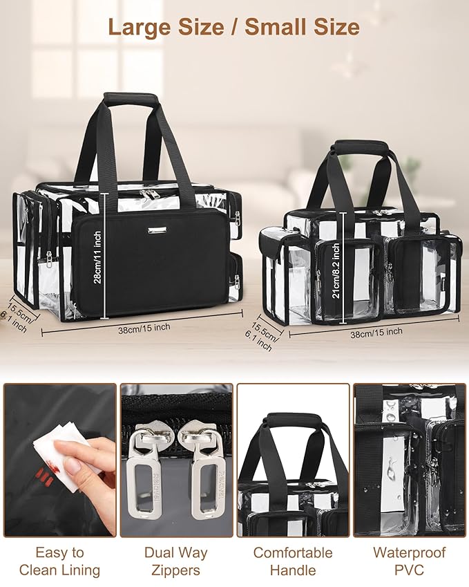Relavel Clear Makeup Bag Professional Makeup Artist Kit Set Travel Cosmetic Organizer Case Transparent Stadium Approved Tote Bag Toiletry Lunch Duffle Work Shoulder Bag with Adjustable Dividers, Black