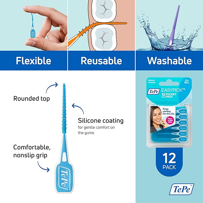 TEPE Dental Floss Picks, Tooth Picks Flossers, Floss Sticks, EasyPicks M/L, Blue, 12 Pk