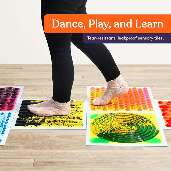 Special Supplies Textured Square Floor Liquid Tiles for Kids, Set of 6, Colorful Early Learning Sensory Activity Mats for Toddlers and Children, Anti-Slip Backing for Active Play, Dance, and Games