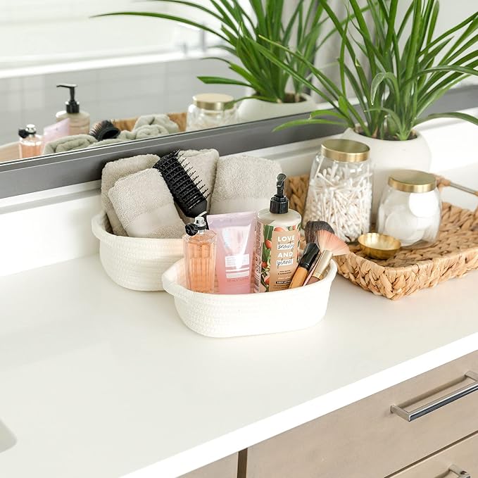 NaturalCozy 5-Piece Rectangle Storage Basket Set- Natural Cotton Rope Woven for Organizing! Small Basket for Montessori, Baby Nursery, Dog Toy Baskets, Cat Toy Box, Bathroom Organization Bin