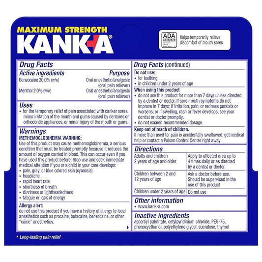Kank-A Triple Action Gel, 0.42 oz, Maximum Strength Mouth Pain Relief Gel for Canker Sores, Triple Action Treatment, Fast Acting and Long-Lasting Pain Relief, Cools and Soothes Irritation, 0.42 oz