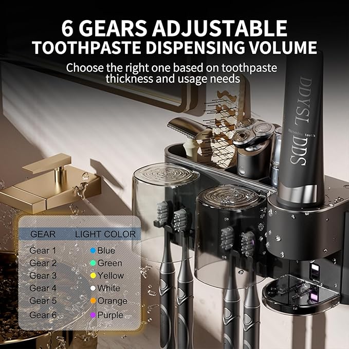 Automatic Toothpaste Dispenser Wall Mounted: 2 Cups Toothbrush Holders Black Electric 6 Adjustable Levels Auto Toothpaste Squeezer Smart Rechargeable Touchless for Kids Adults - Bathroom