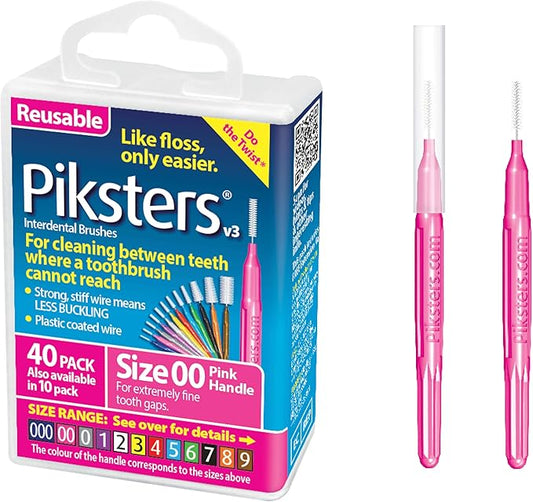 Piksters Interdental Brushes, 40 pk, Size 00, Interdental Tooth Brush for Extremely Tight Gaps, Gum Soft Bristles for Plaque Removal, Safe for Braces