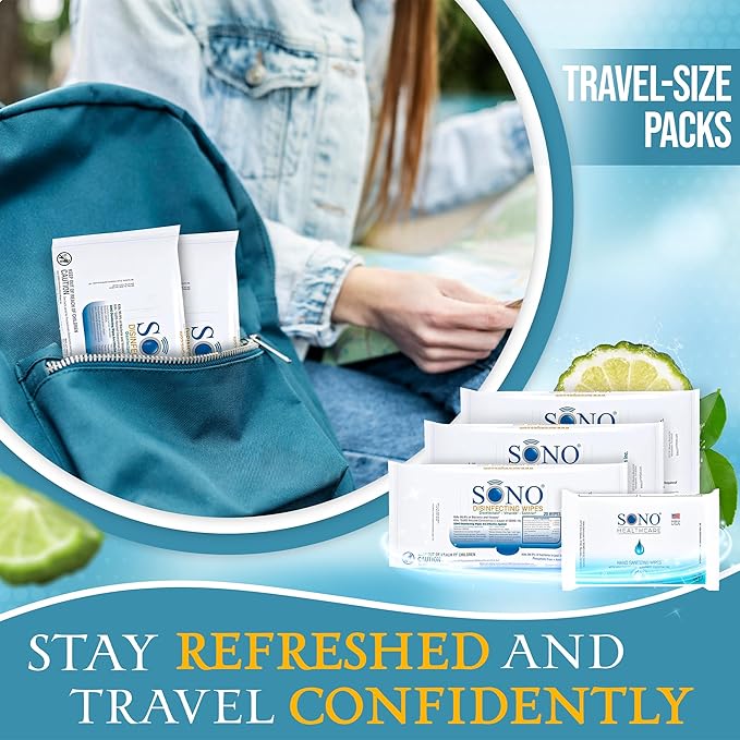 SONO Disinfecting Wipes - 60 Count (Pack of 3) + Sanitizer, Travel Size, Alcohol-Free, No Bleach, Medical-Grade, Multi-Surface Cleaning for School, Office, and On-The-Go