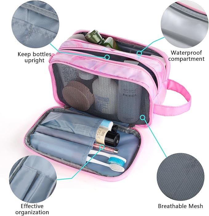 Pink Toiletry Bag for Girls, Travel Toiletry Bag for Teen Girls Cosmetic Bag Makeup Bag Waterproof Hanging Wash Bag Kids Toiletries