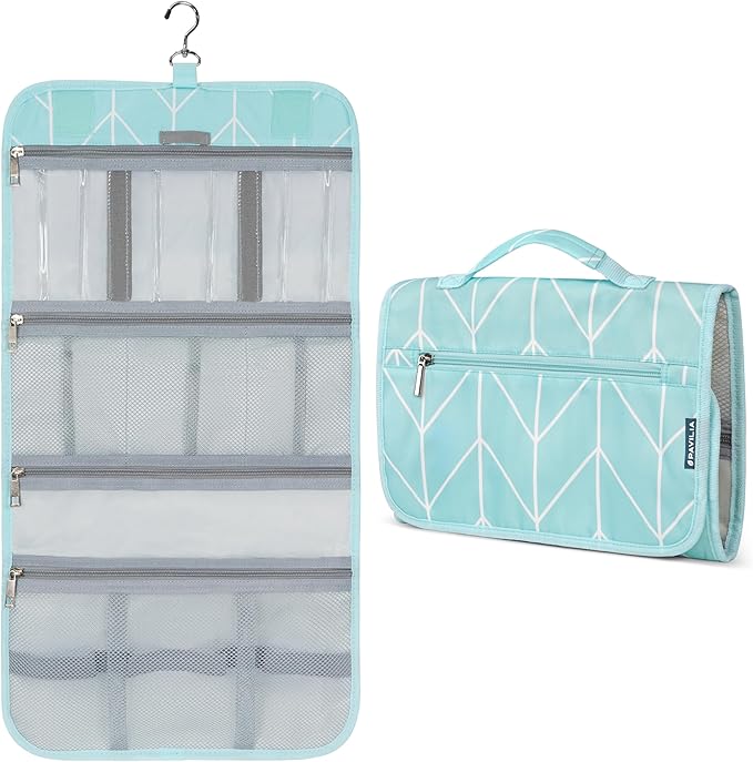 PAVILIA Hanging Toiletry Bag Women Men, Travel Kit Foldable Large Toiletries Organizer, Roll up Cosmetics Makeup Bag Accessories, Waterproof Essentials Jewelry Case (Teal Chevron)